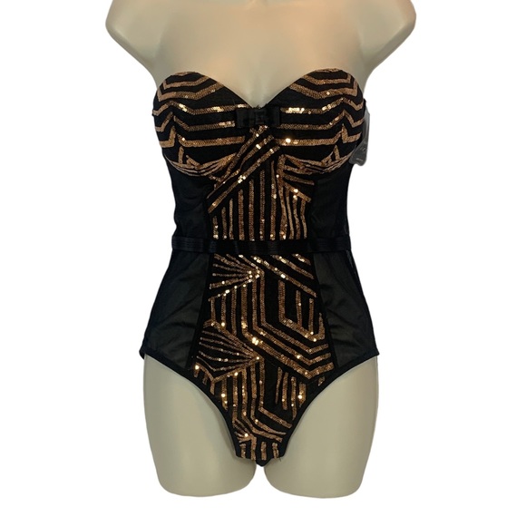 Black Fuchsia Tops - Black Fuchsia by Secret Lace Black Sheer Bodysuit Rose Gold Sequin Detail- Large